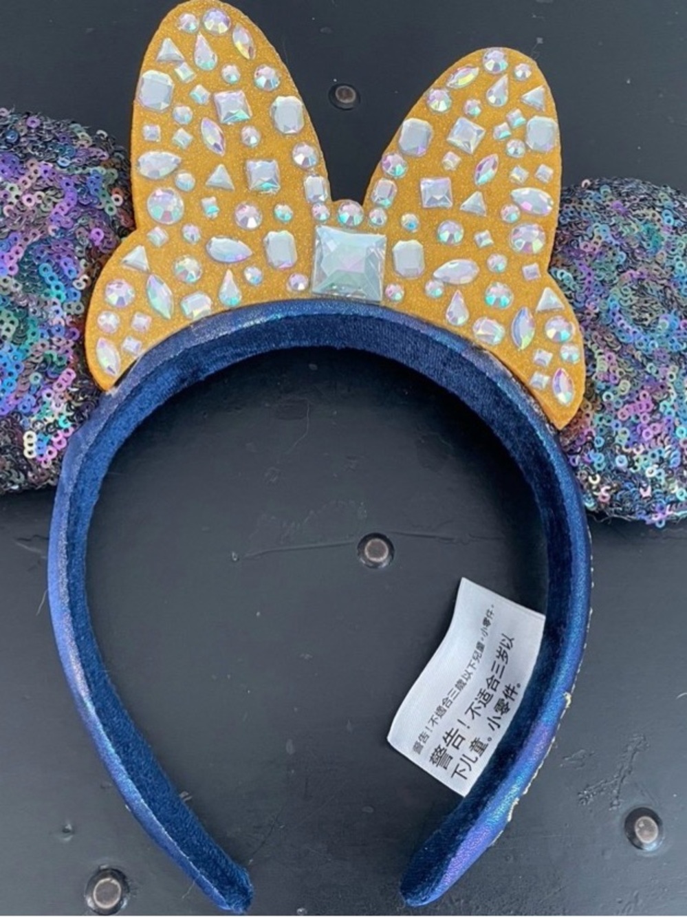 Disney World 50th Sequin Minnie-Style Headband with Gold Jeweled Bow